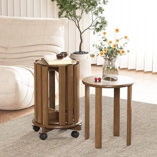 Set of 4 Stackable Bamboo Stools Round Nesting Stools with Wheels - Kwikley