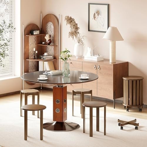 Set of 4 Stackable Bamboo Stools Round Nesting Stools with Wheels - Kwikley