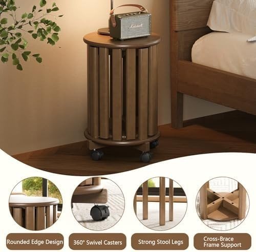 Set of 4 Stackable Bamboo Stools Round Nesting Stools with Wheels - Kwikley