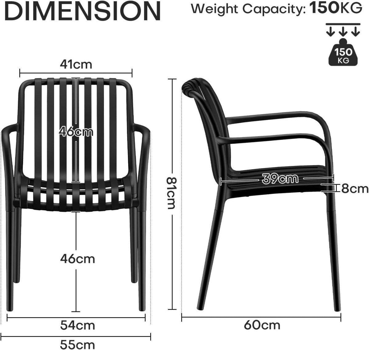 Set of 4 Stackable Garden Chairs High Back Weatherproof Black - Kwikley