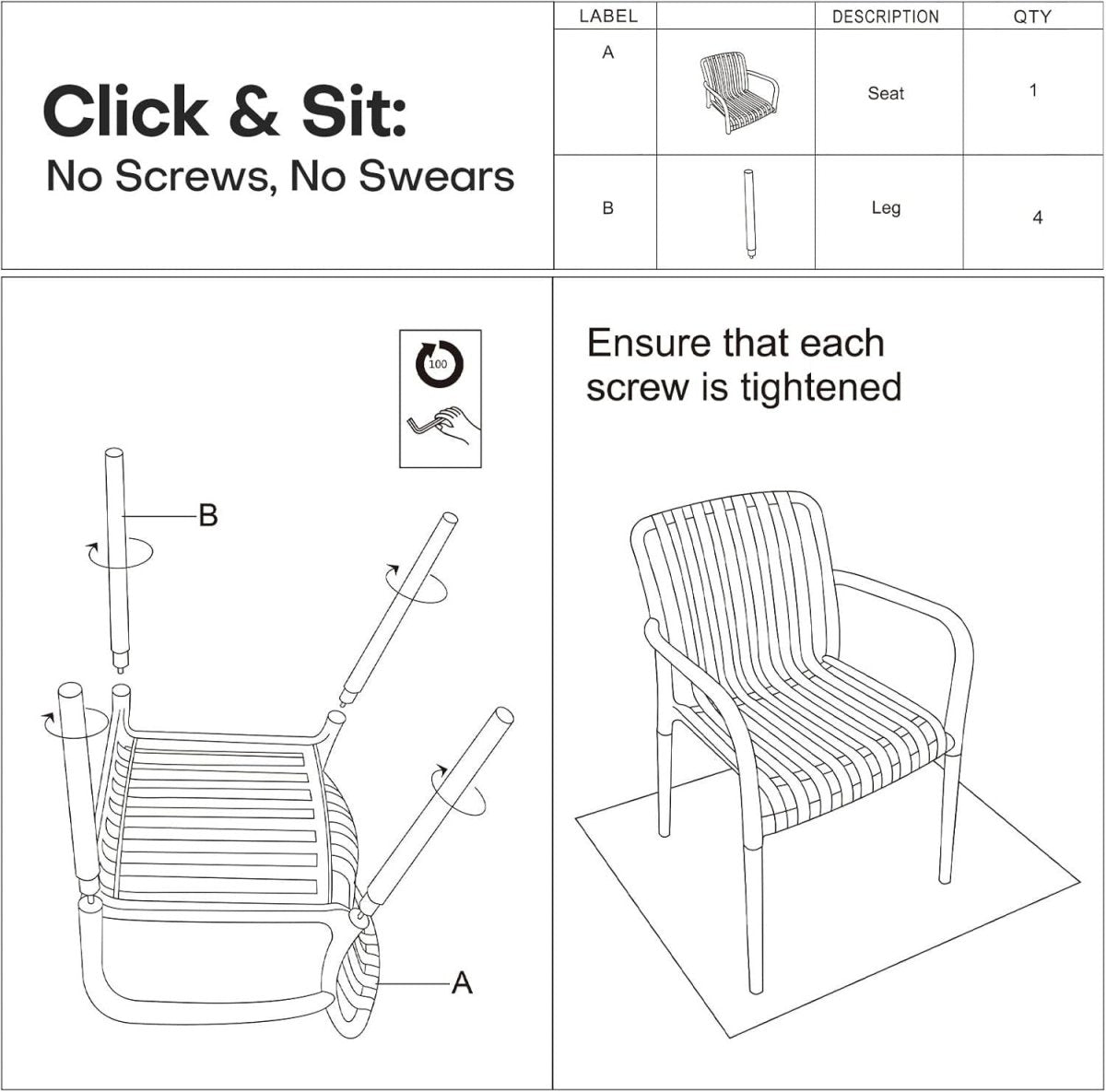 Set of 4 Stackable Garden Chairs High Back Weatherproof Black - Kwikley