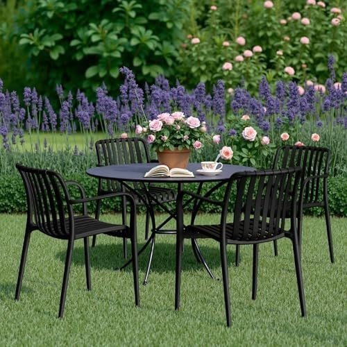 Set of 4 Stackable Garden Chairs High Back Weatherproof Black - Kwikley