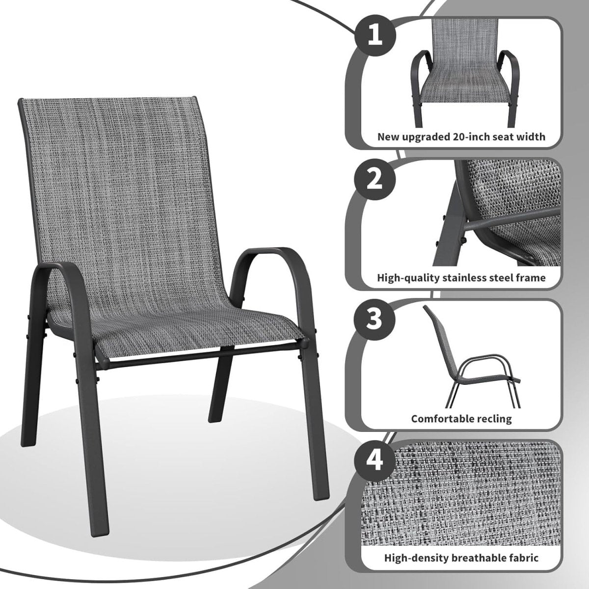 Set of 4 Stackable Garden Dining Chairs Outdoor Patio Textilene Steel Grey - Kwikley