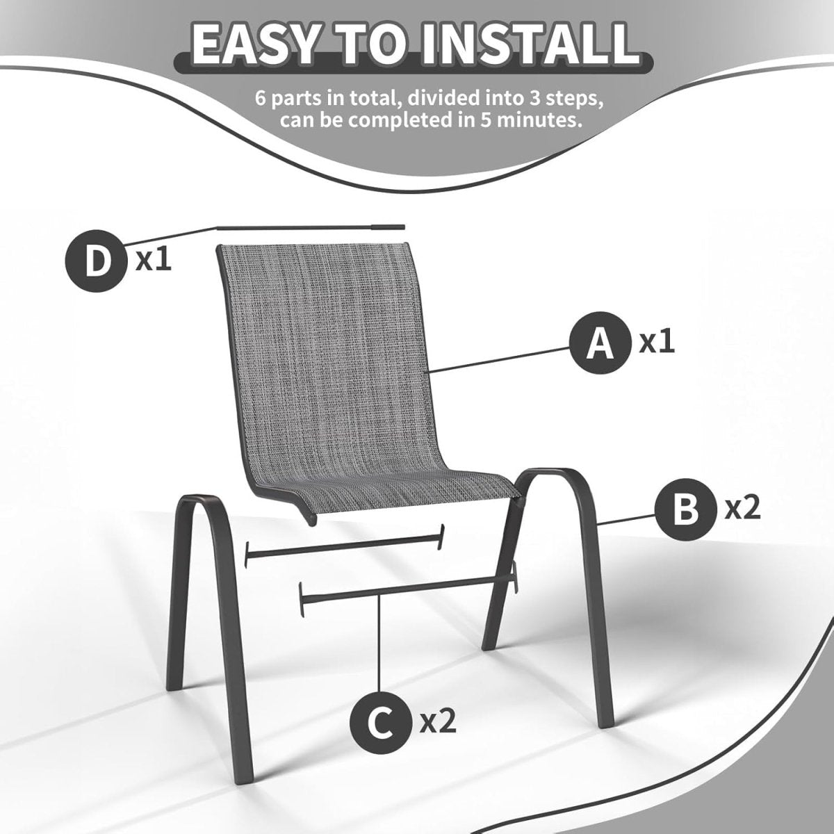 Set of 4 Stackable Garden Dining Chairs Outdoor Patio Textilene Steel Grey - Kwikley