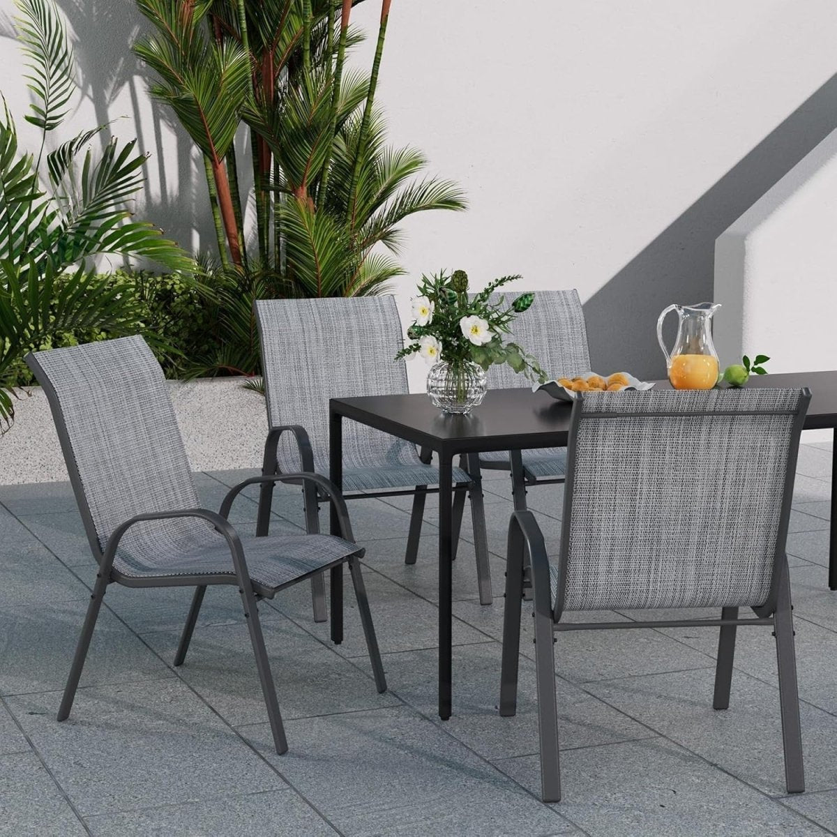 Set of 4 Stackable Garden Dining Chairs Outdoor Patio Textilene Steel Grey - Kwikley