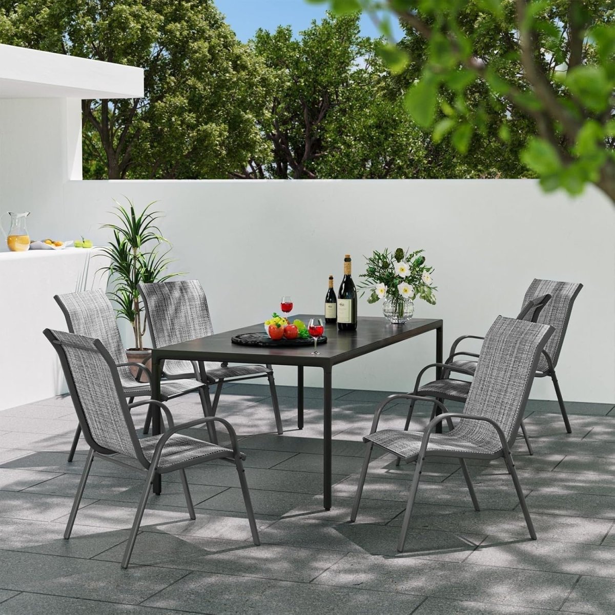 Set of 4 Stackable Garden Dining Chairs Outdoor Patio Textilene Steel Grey - Kwikley