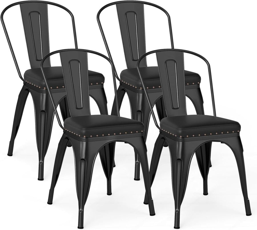 Set of 4 Stackable Metal Dining Chairs PU Padded Removable Backrest - Kwikley