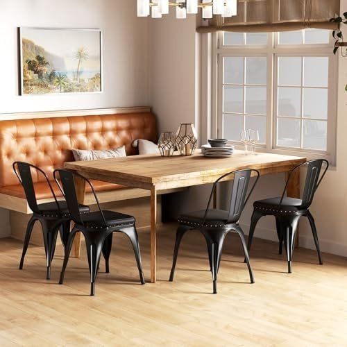 Set of 4 Stackable Metal Dining Chairs PU Padded Removable Backrest - Kwikley