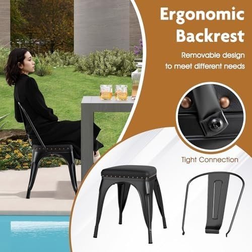 Set of 4 Stackable Metal Dining Chairs PU Padded Removable Backrest - Kwikley