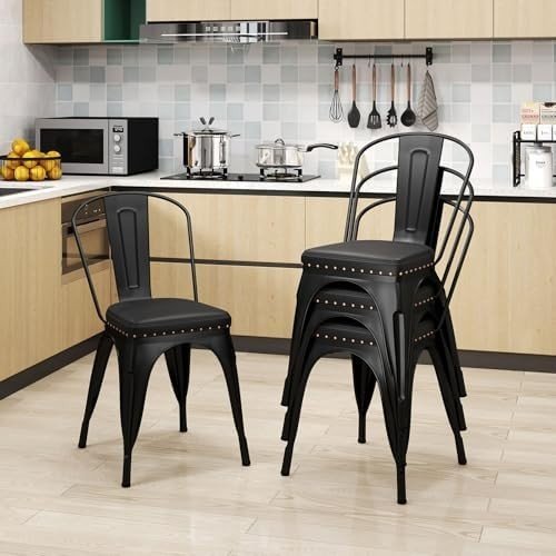 Set of 4 Stackable Metal Dining Chairs PU Padded Removable Backrest - Kwikley
