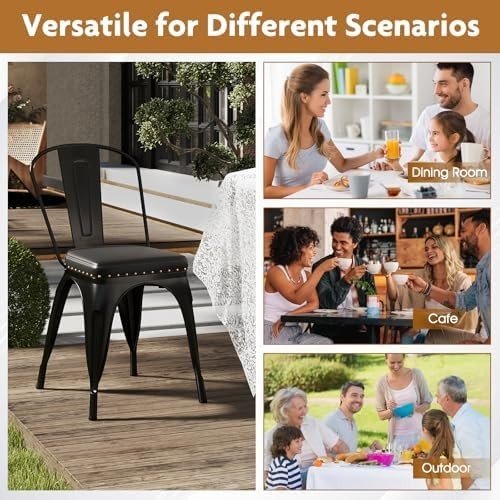 Set of 4 Stackable Metal Dining Chairs PU Padded Removable Backrest - Kwikley
