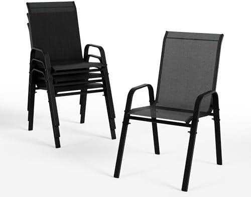 Set of 4 Stackable Outdoor Garden Dining Chairs with Armrests Black - Kwikley