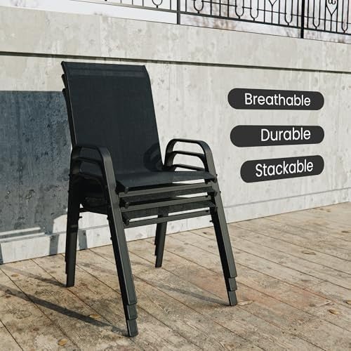 Set of 4 Stackable Outdoor Garden Dining Chairs with Armrests Black - Kwikley