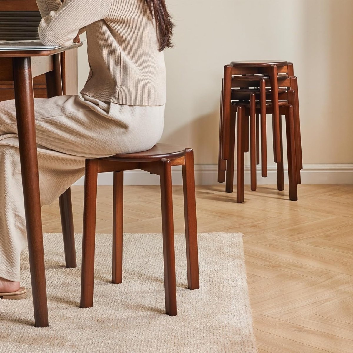 Set of 4 Stackable Solid Wood Round Stools Kitchen Living Room - Kwikley