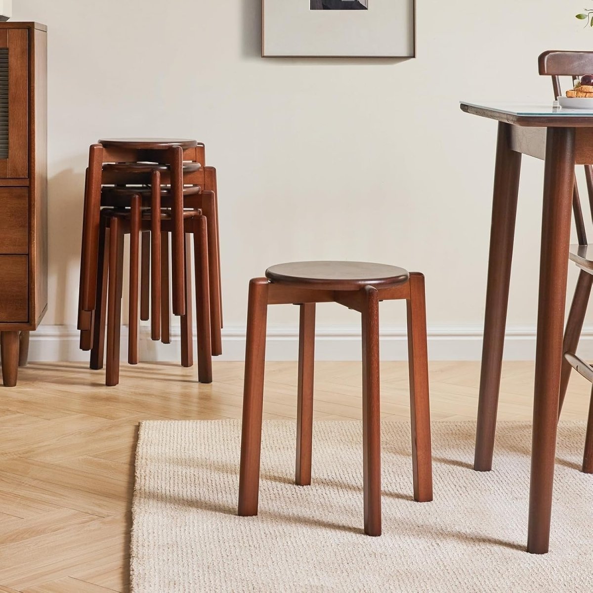 Set of 4 Stackable Solid Wood Round Stools Kitchen Living Room - Kwikley
