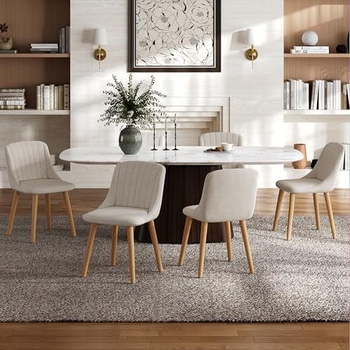 Set of 4 Upholstered Dining Chairs Polyester Fabric Wood Legs Beige - Kwikley