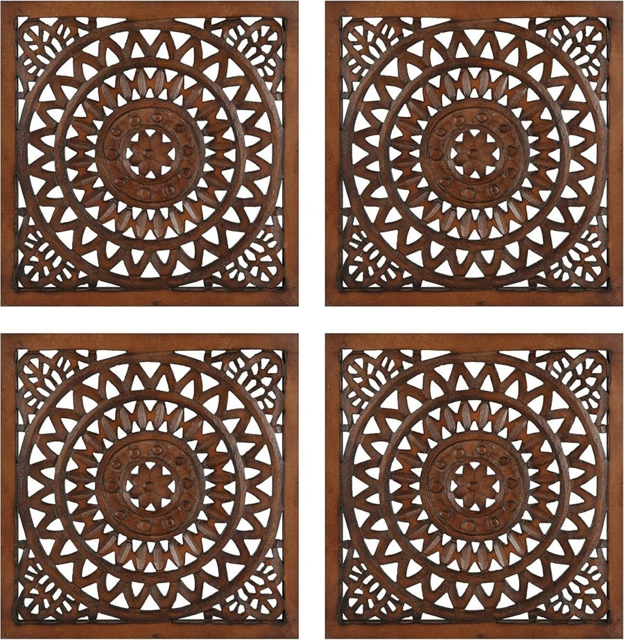 Set of 4 Wooden Wall Plaques Hand Carved Decor Panels 16x16 - Kwikley