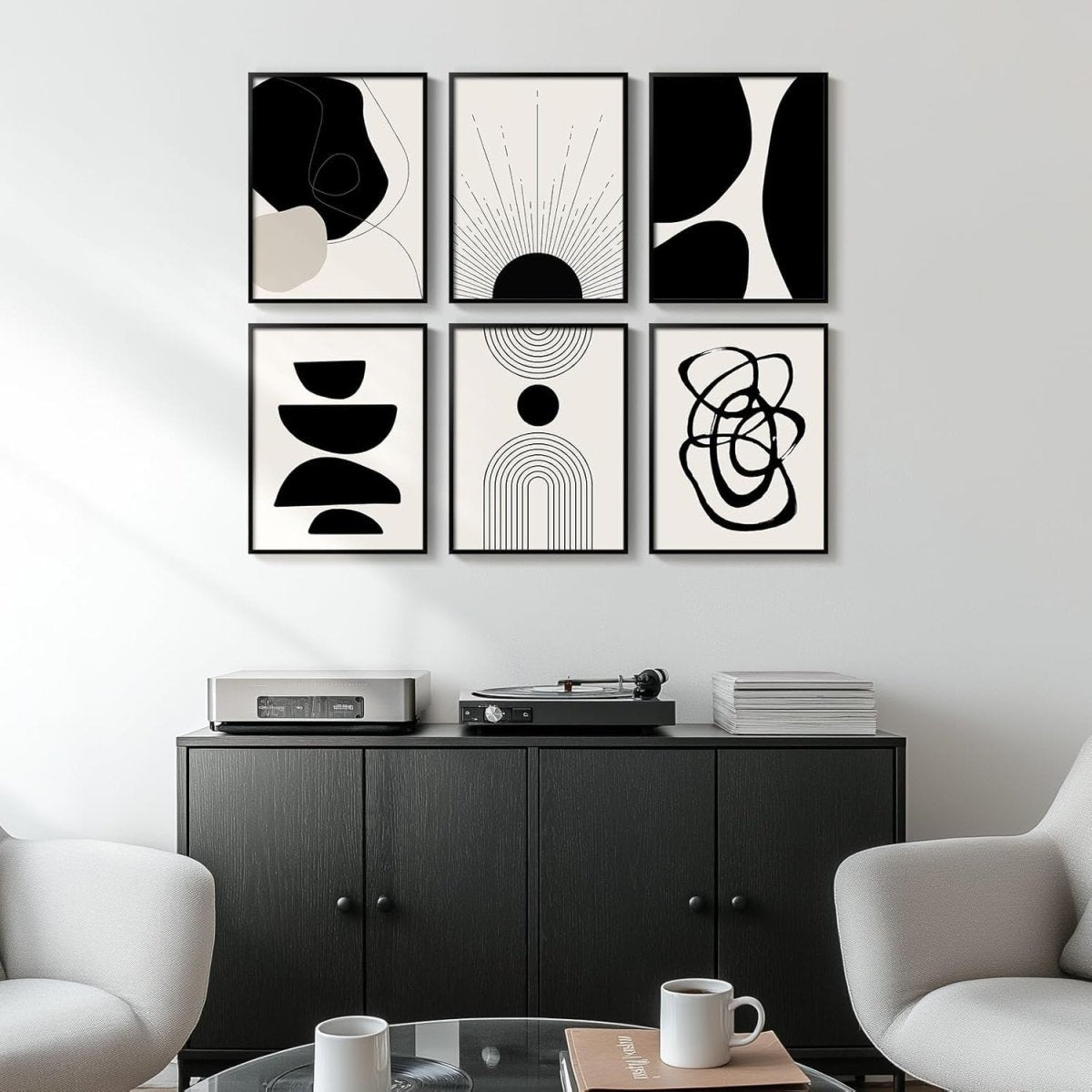 Set of 6 Black White Abstract Canvas Wall Art 11x14 - Kwikley