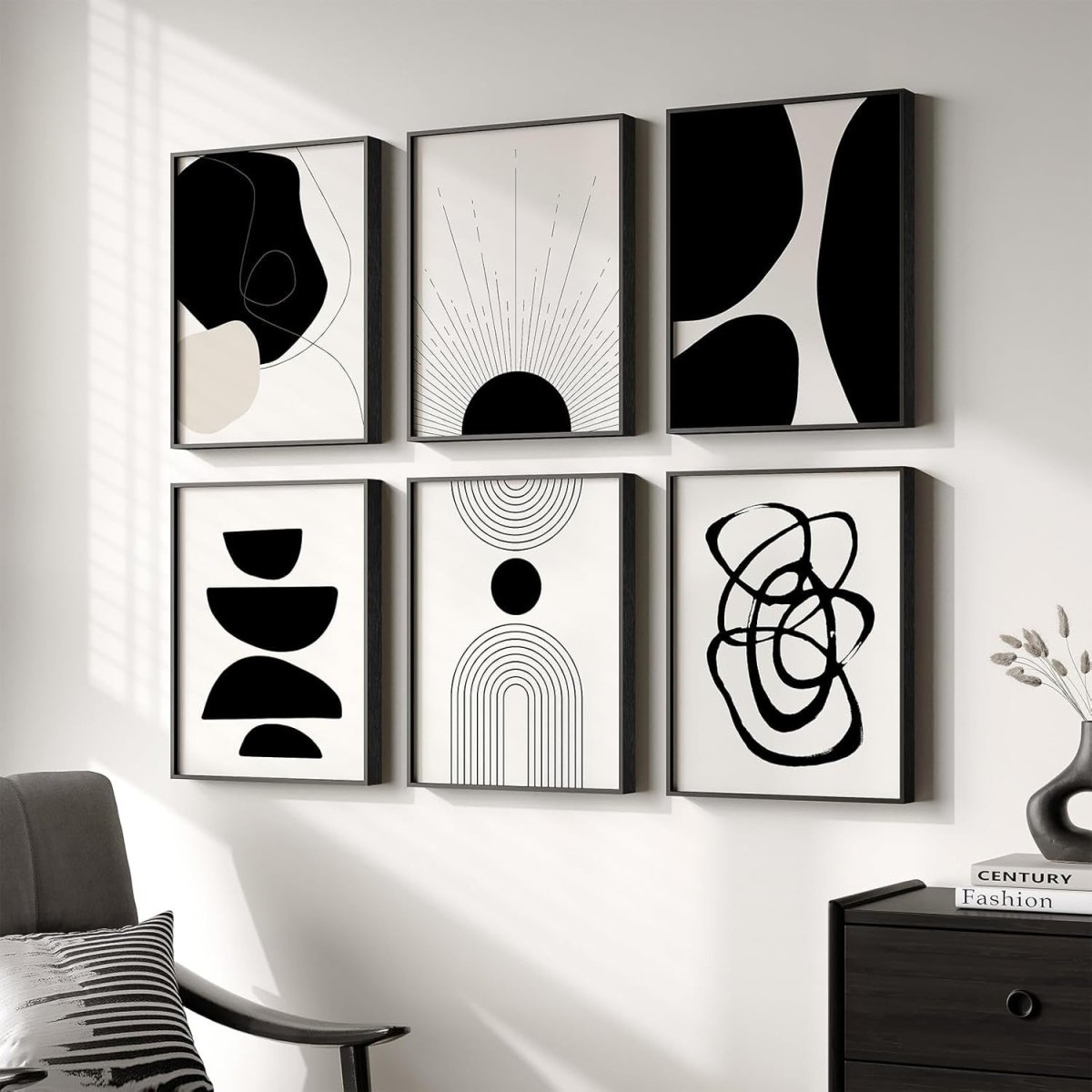 Set of 6 Black White Abstract Canvas Wall Art 11x14 - Kwikley
