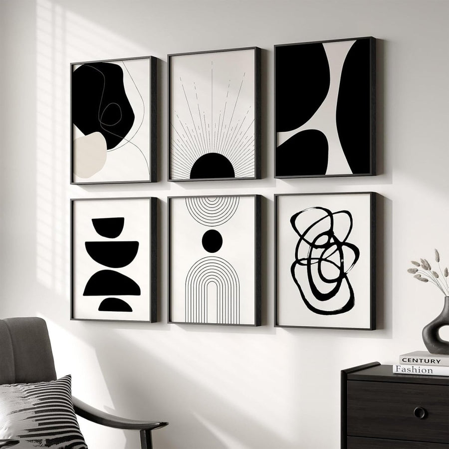 Set of 6 Black White Abstract Canvas Wall Art 11x14 - Kwikley