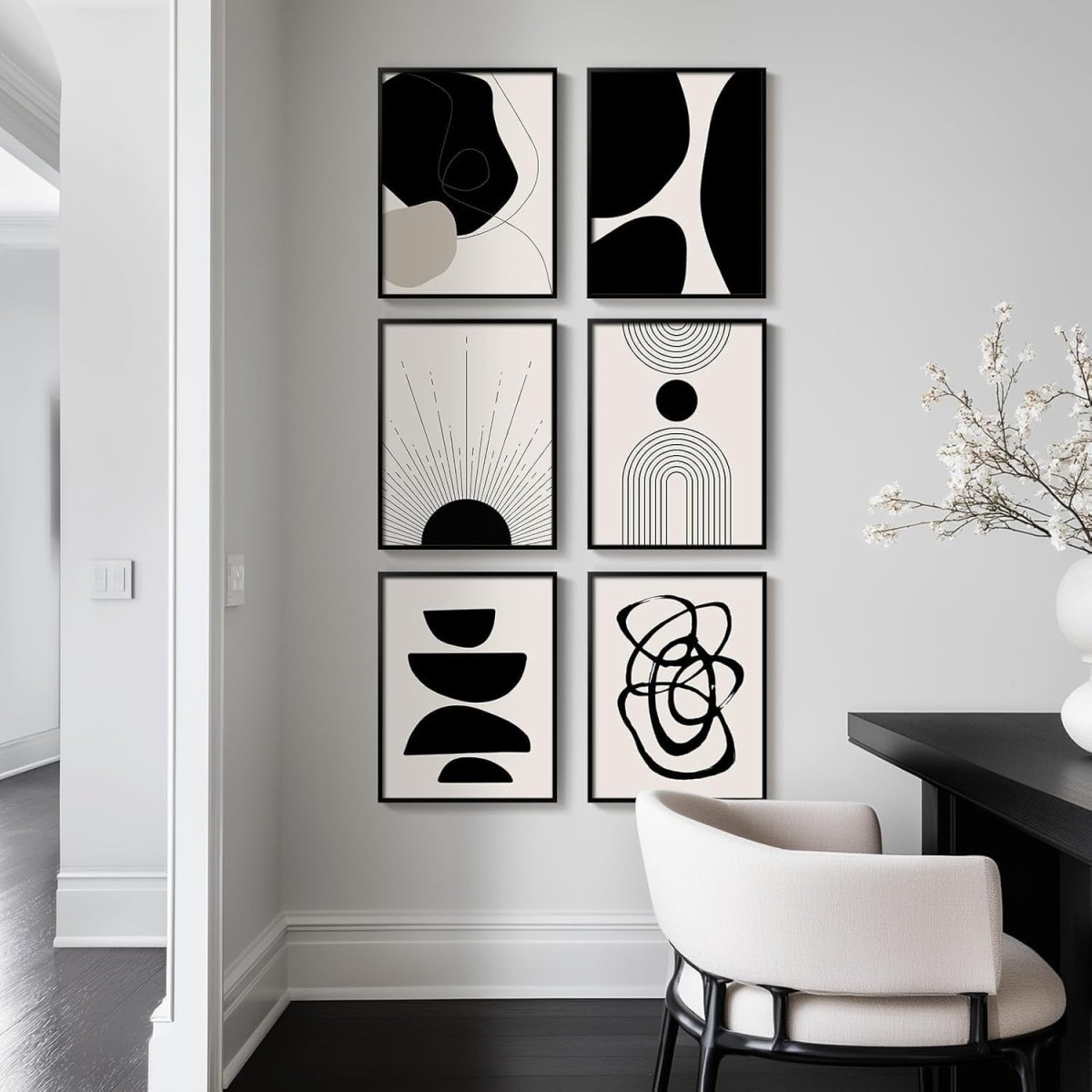 Set of 6 Black White Abstract Canvas Wall Art 11x14 - Kwikley