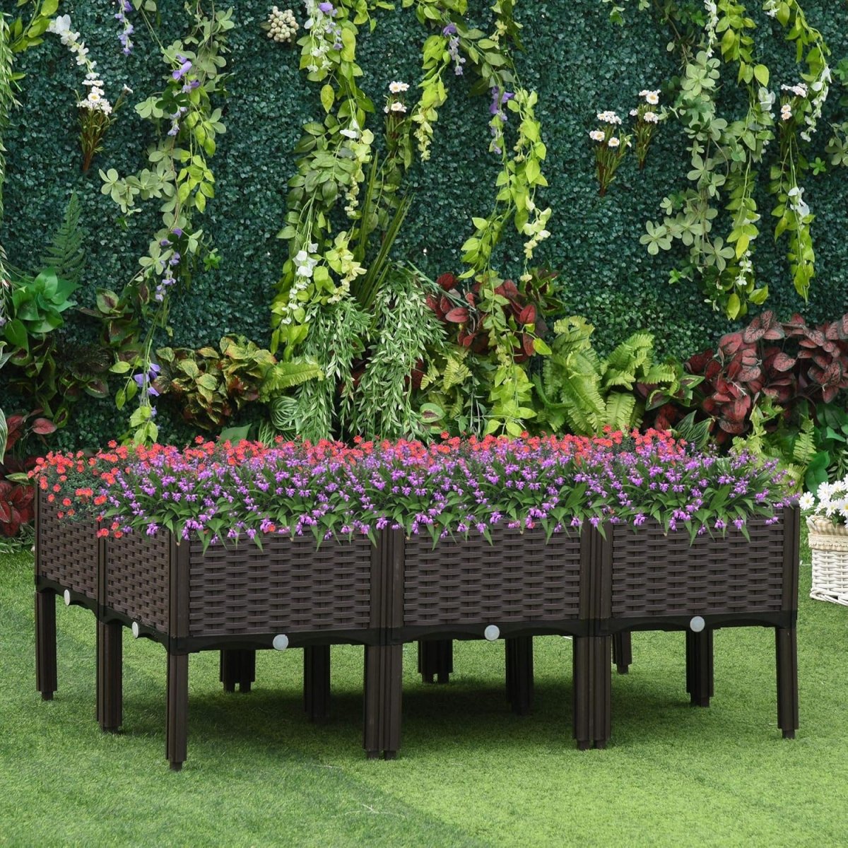 Set of 6 Raised Planter Boxes Self Watering 26L Rattan Effect Pots - Kwikley