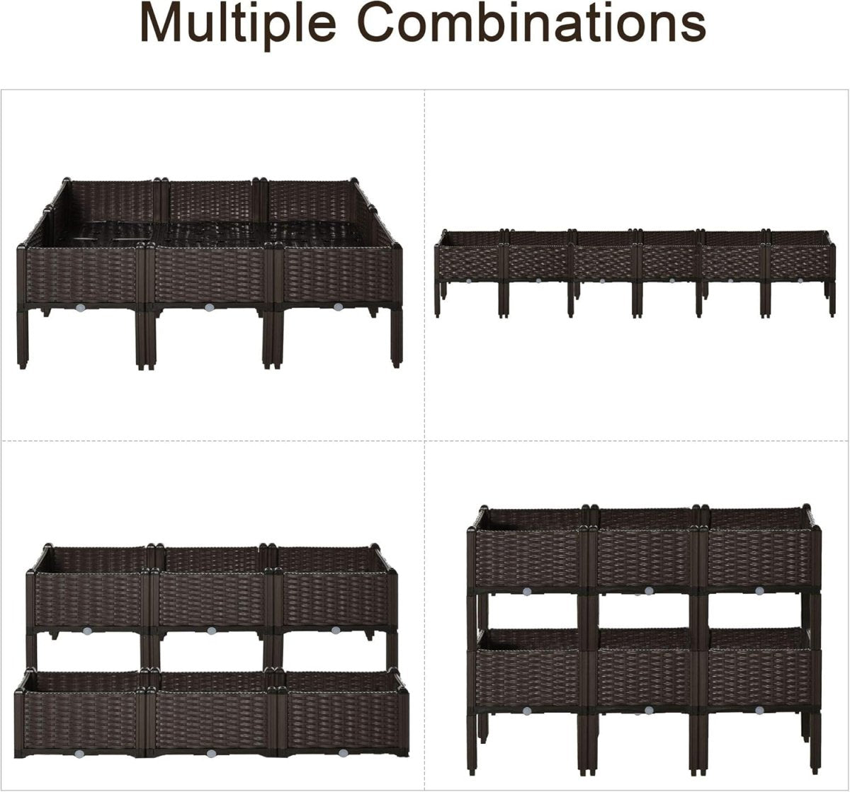 Set of 6 Raised Planter Boxes Self Watering 26L Rattan Effect Pots - Kwikley