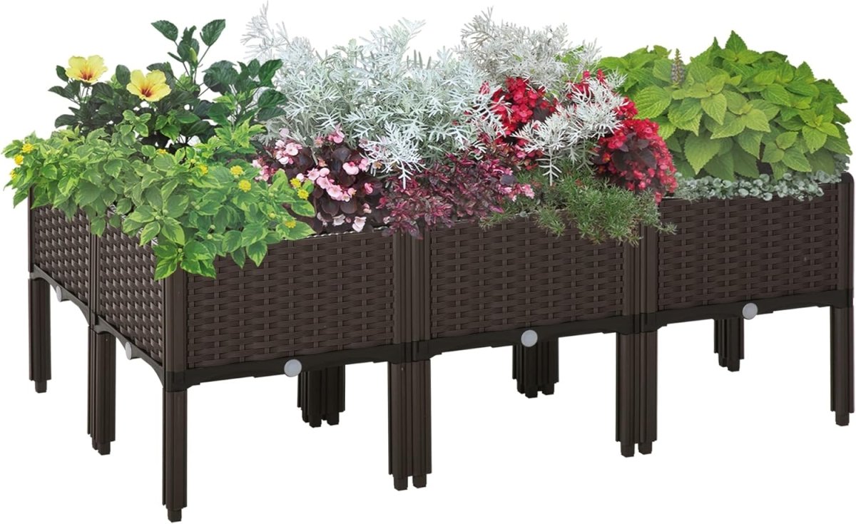 Set of 6 Raised Planter Boxes Self Watering 26L Rattan Effect Pots - Kwikley