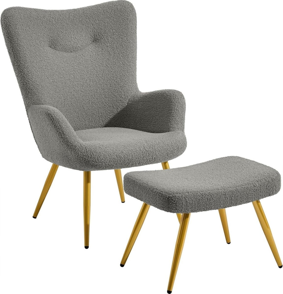 Sherpa Boucle Armchair with Ottoman High Back Accent Chair Dark Grey - Kwikley