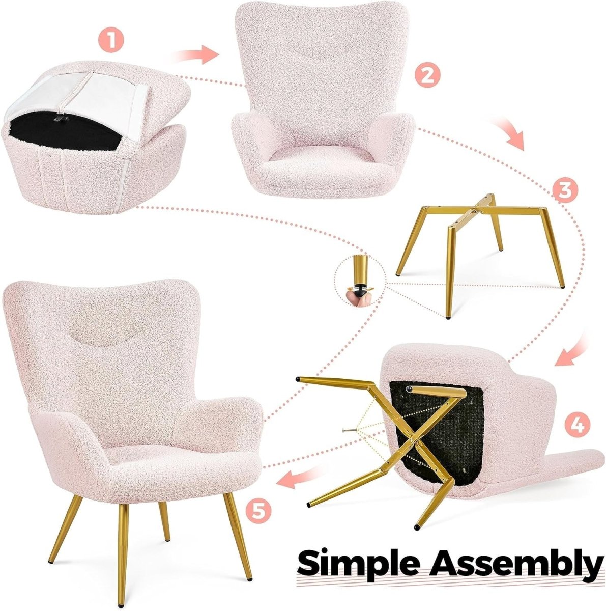Sherpa Boucle Armchair with Ottoman High Back Accent Chair Pink - Kwikley