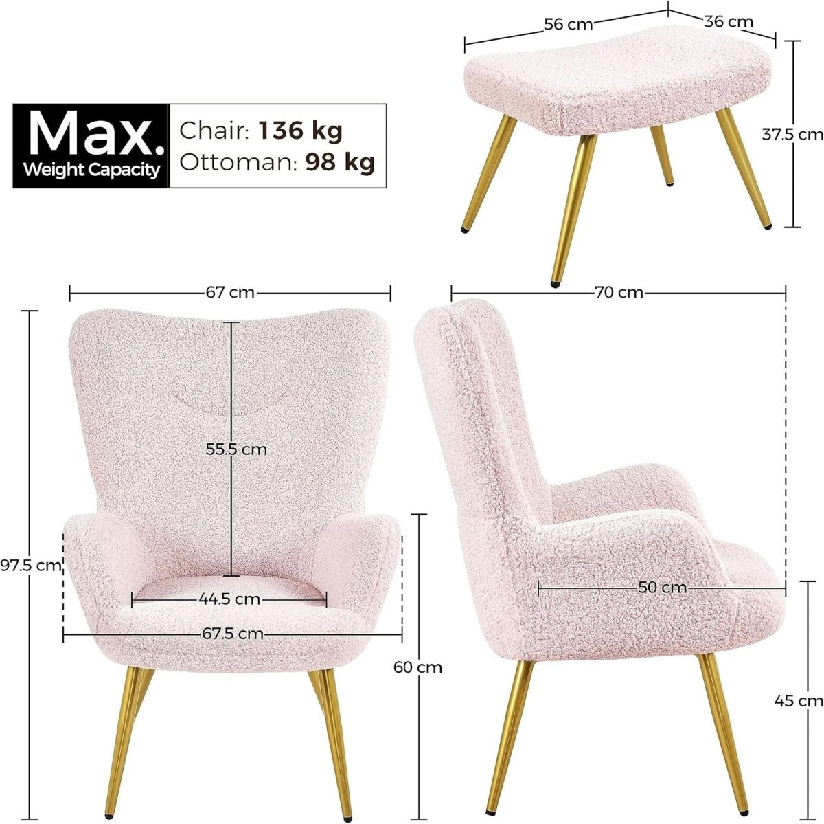 Sherpa Boucle Armchair with Ottoman High Back Accent Chair Pink - Kwikley
