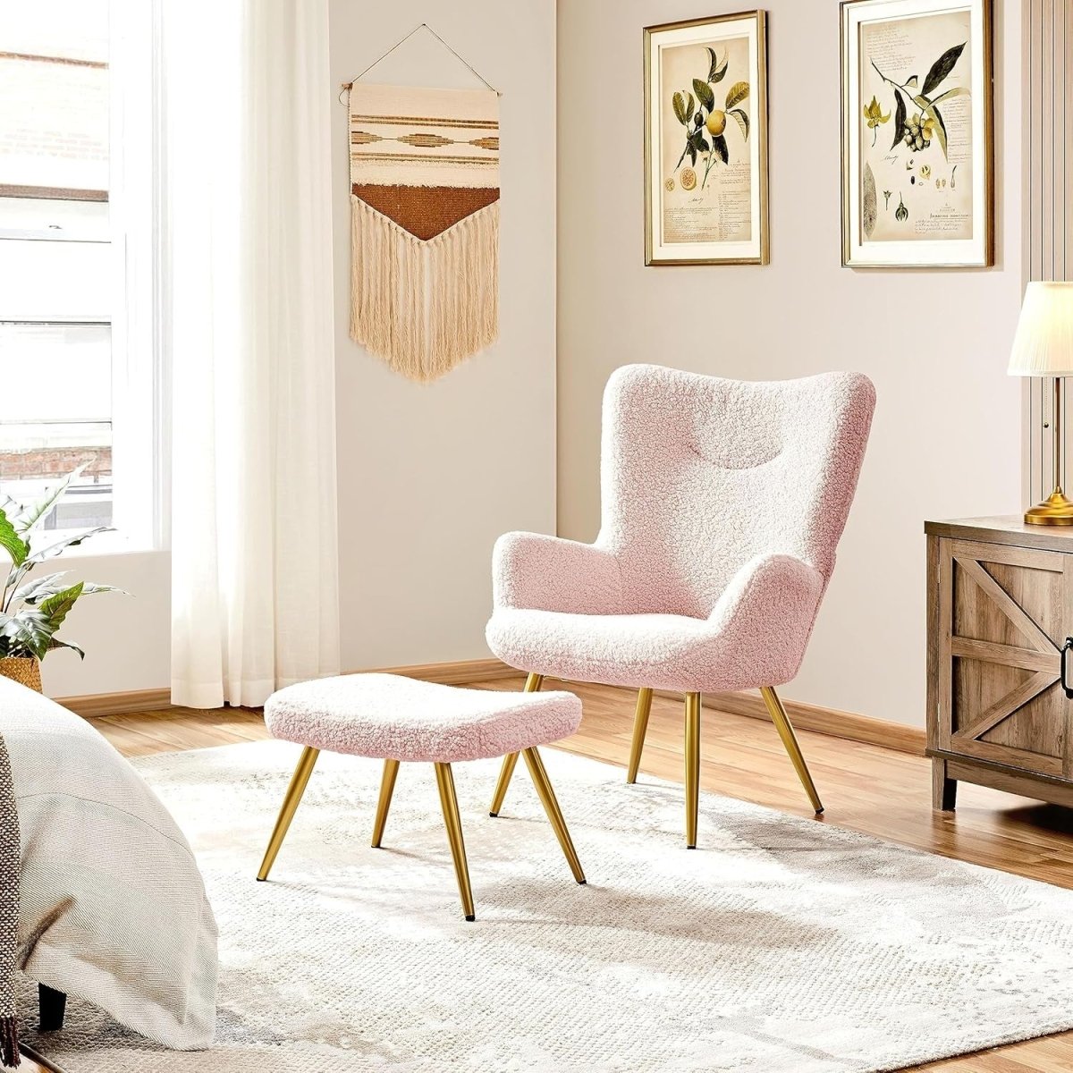 Sherpa Boucle Armchair with Ottoman High Back Accent Chair Pink - Kwikley