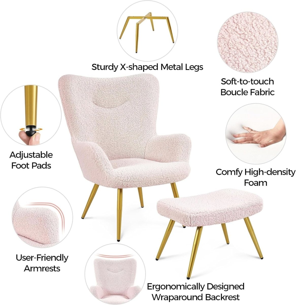 Sherpa Boucle Armchair with Ottoman High Back Accent Chair Pink - Kwikley
