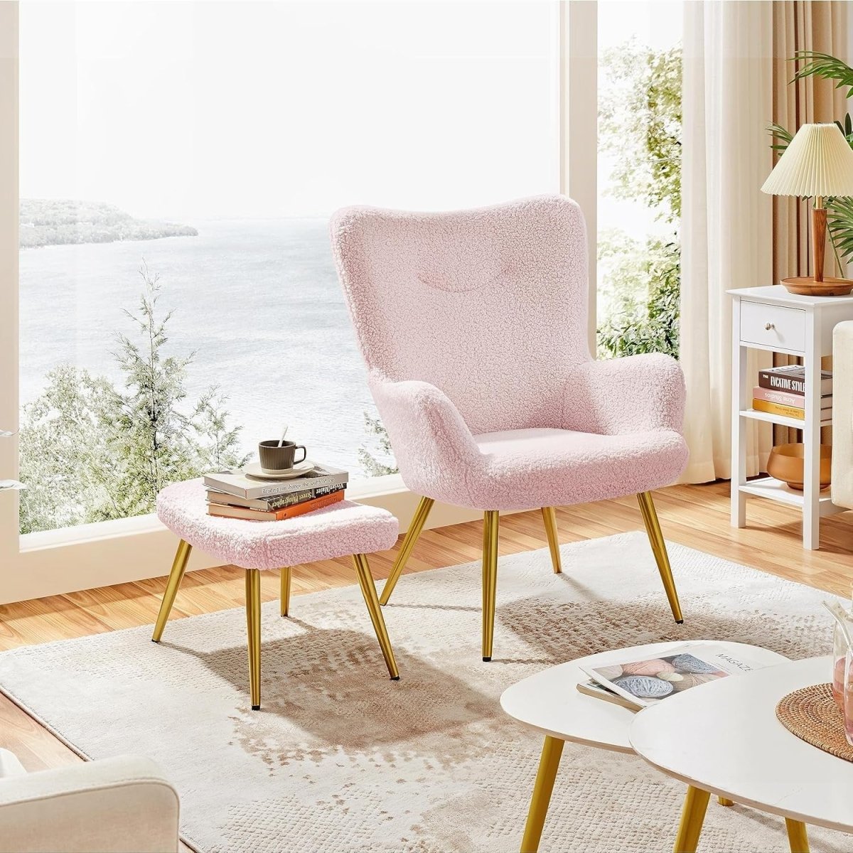 Sherpa Boucle Armchair with Ottoman High Back Accent Chair Pink - Kwikley