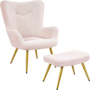 Sherpa Boucle Armchair with Ottoman High Back Accent Chair Pink - Kwikley
