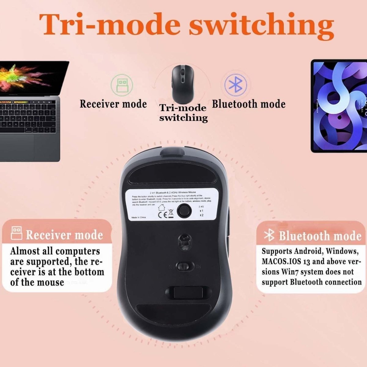 Silent Bluetooth Wireless Mouse 6 Button Rechargeable 1600 DPI USB - Kwikley