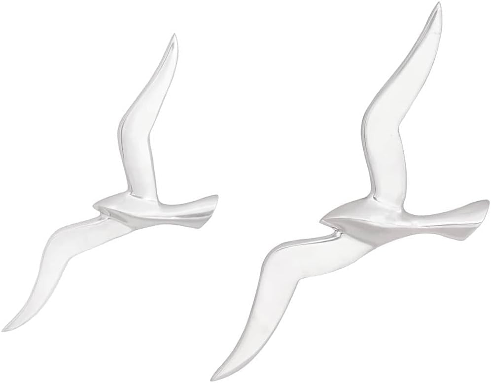 Silver Aluminium Seagull Wall Art Set 2 Modern 45cm Sculptures - Kwikley