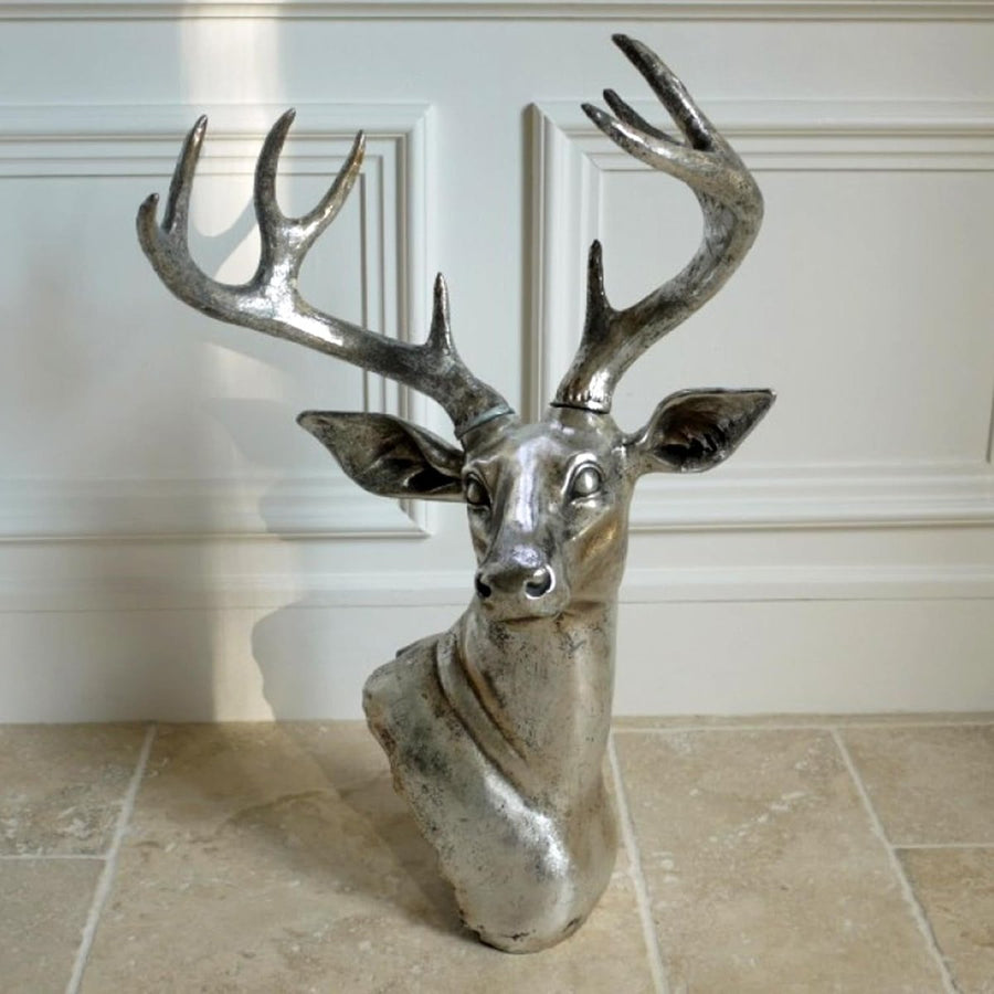 Silver Stag Head Wall Sculpture Large Deer Antlers 65cm Decor - Kwikley