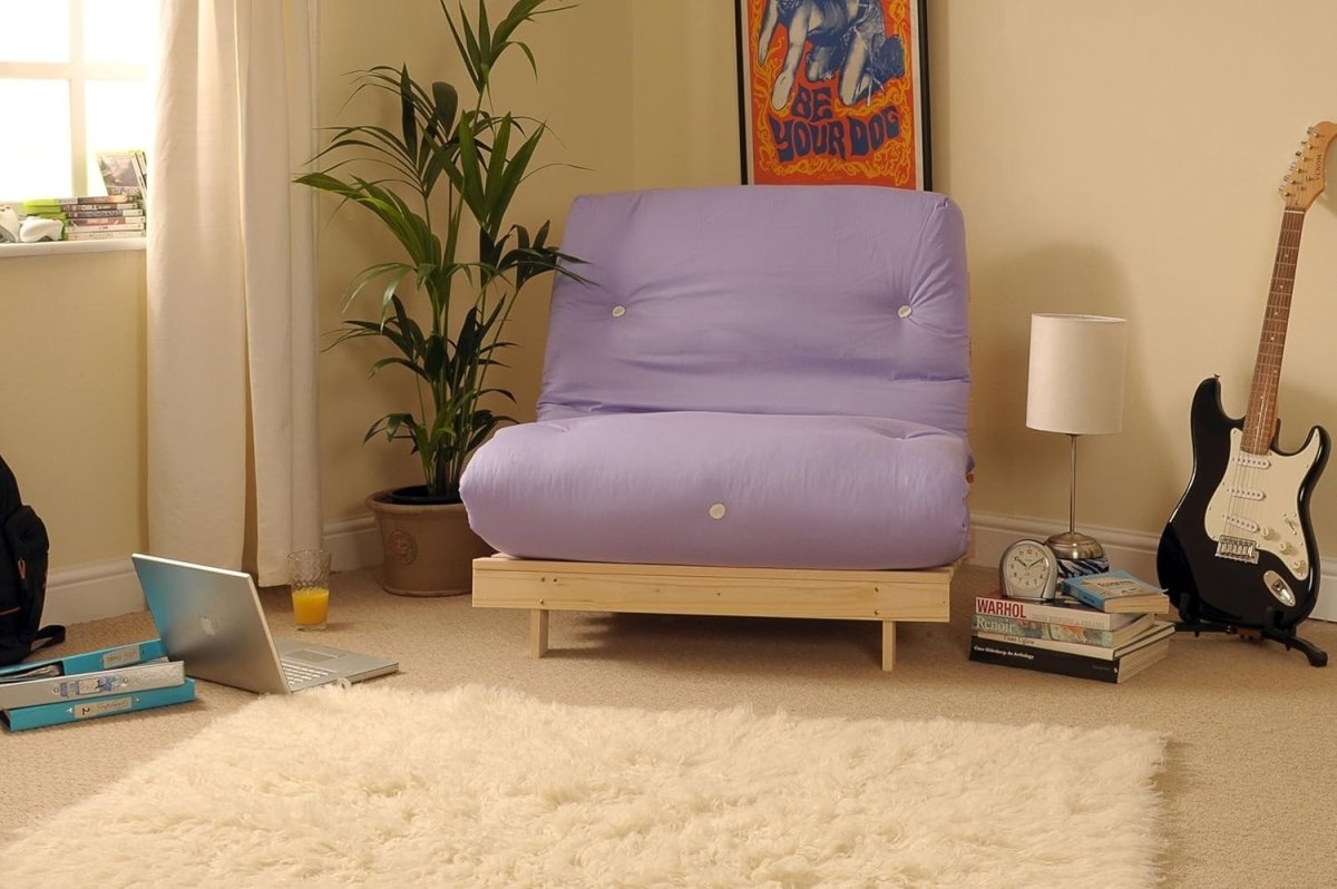 Single Wooden Futon Sofa Bed with Tufted Lilac Mattress – Space - Saving Comfort - Kwikley