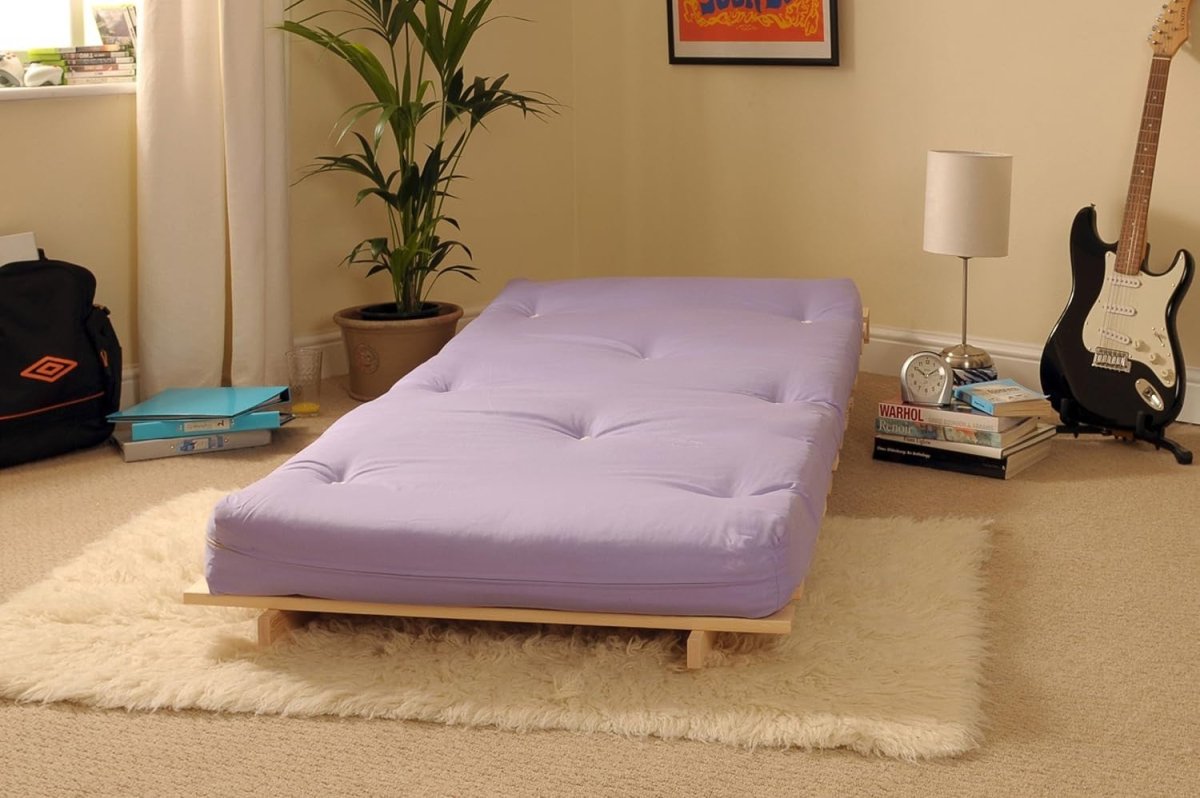 Single Wooden Futon Sofa Bed with Tufted Lilac Mattress – Space - Saving Comfort - Kwikley