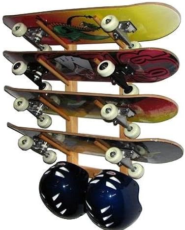 Skateboard Display Rack Wall Mount Wooden 4 Board Storage Holder - Kwikley