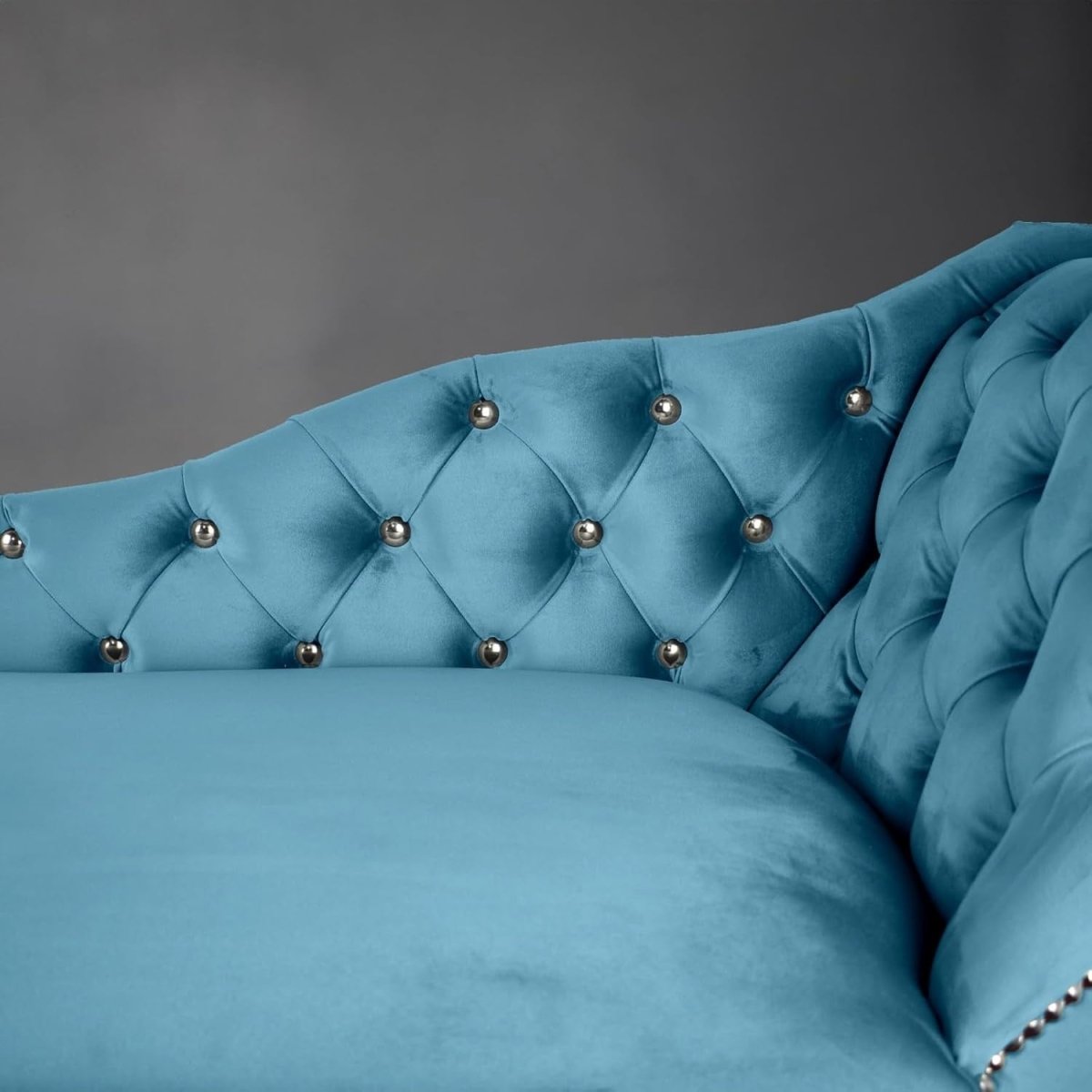 Sky Blue Velvet Chaise Lounge Sofa | Right-Hand Tufted Accent Chair - Kwikley