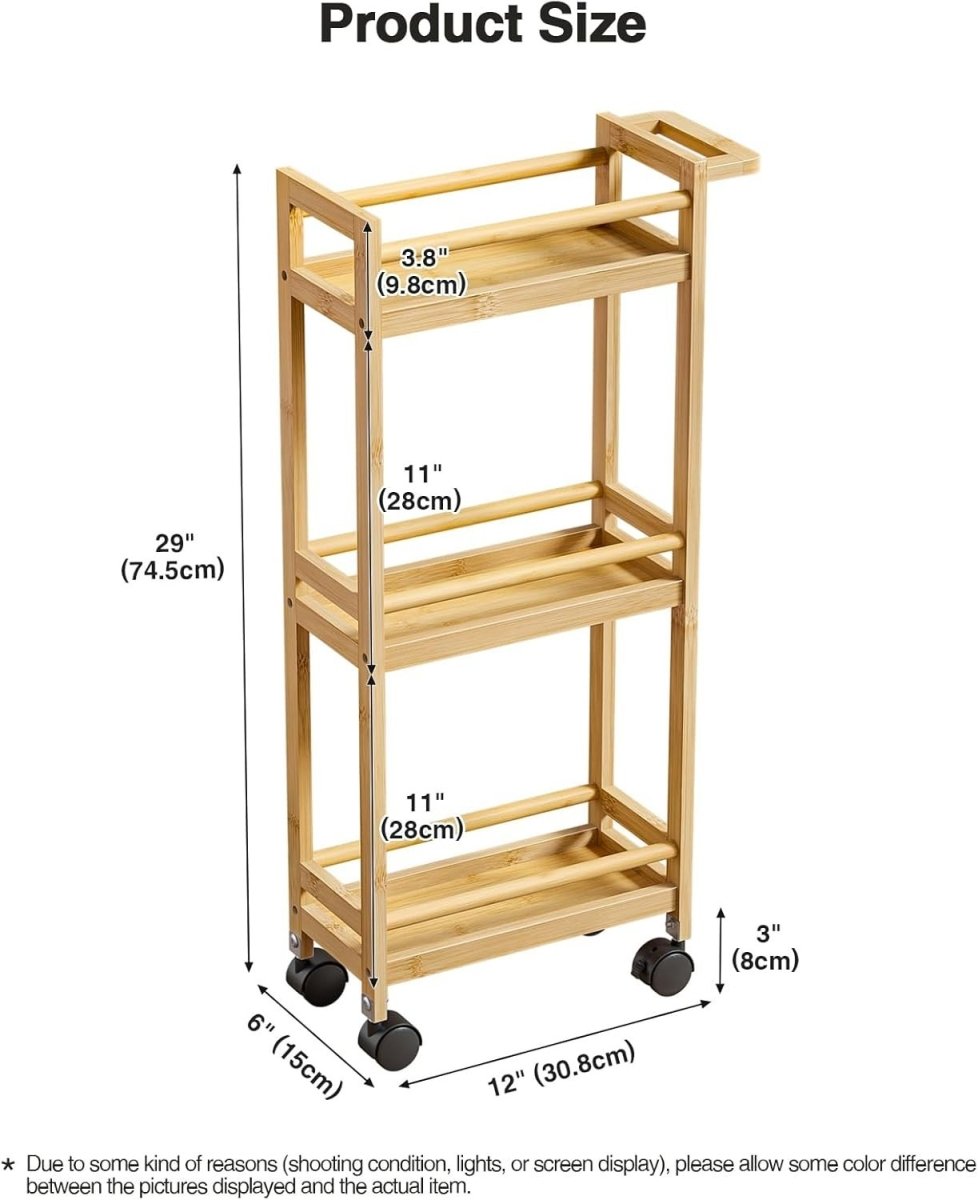 Slim Bamboo 3 Tier Rolling Storage Trolley Cart - Kwikley