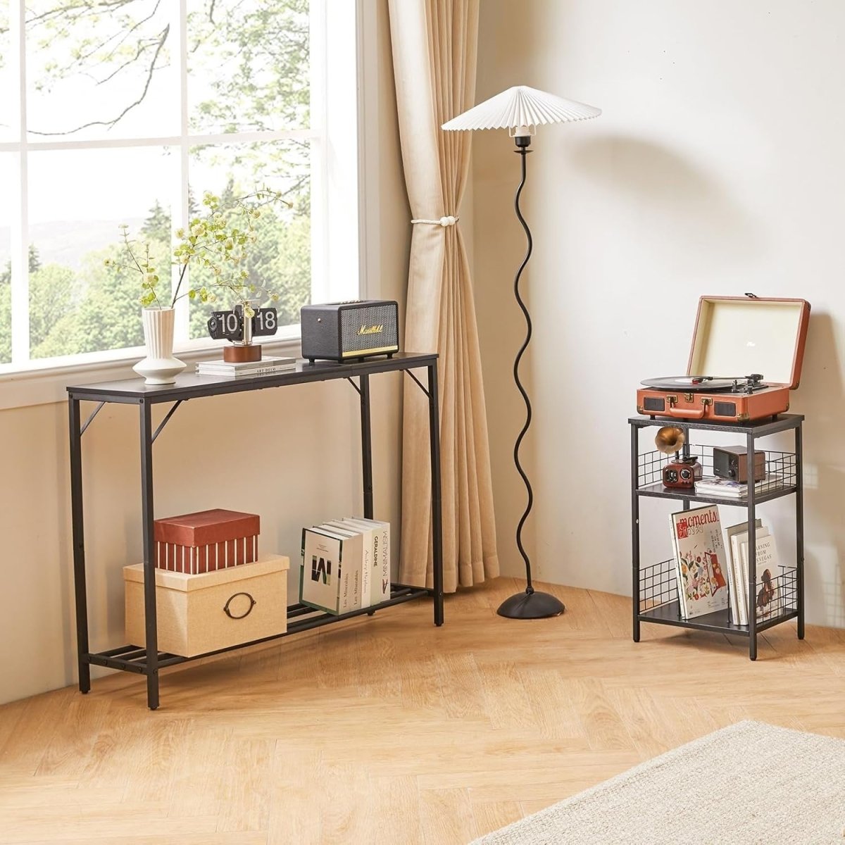 Slim Black Console Table 107cm Compact Metal Frame Sofa Hallway Table - Kwikley