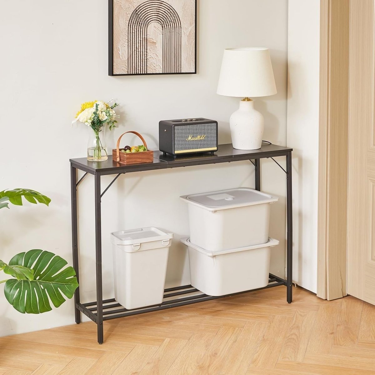 Slim Black Console Table 107cm Compact Metal Frame Sofa Hallway Table - Kwikley