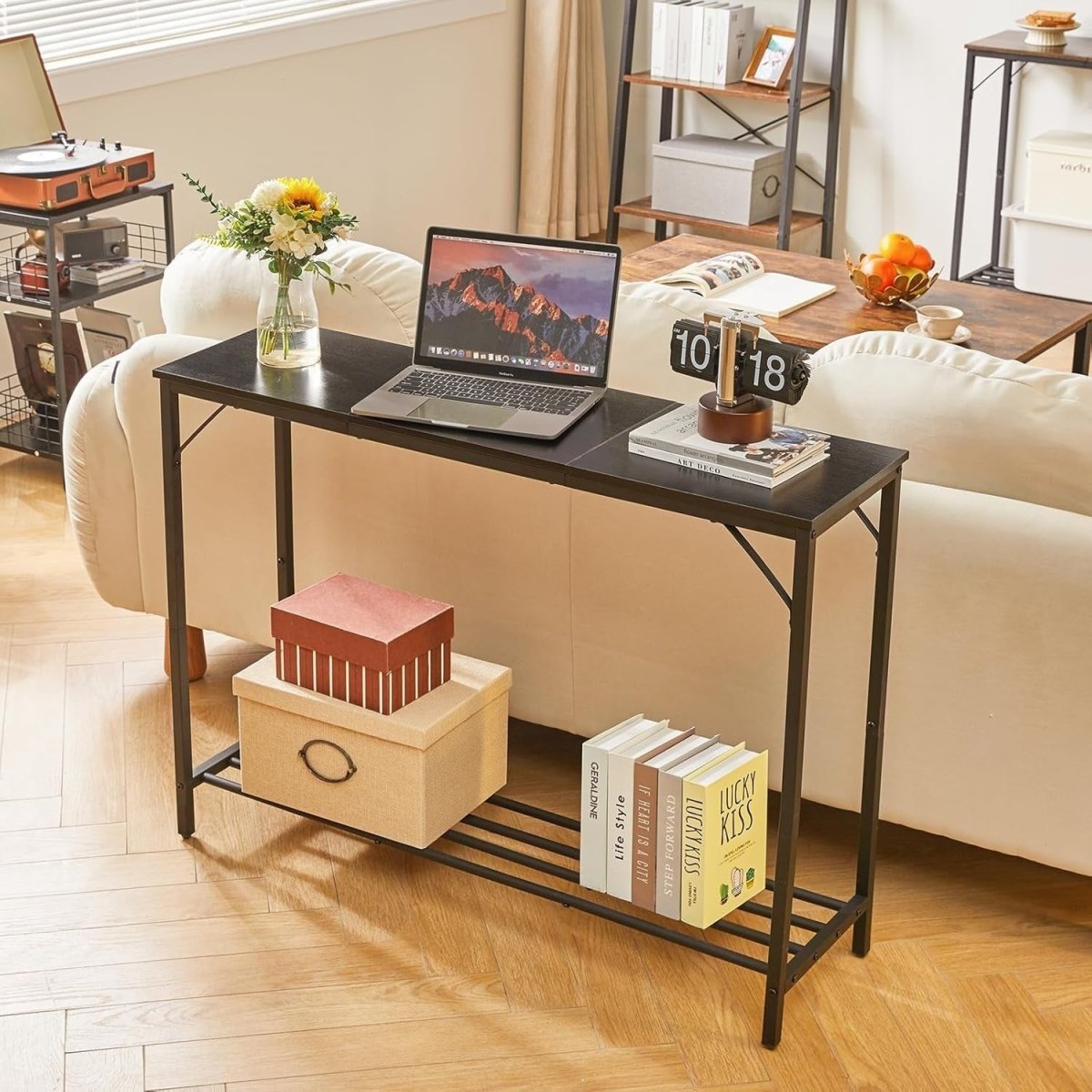 Slim Black Console Table 107cm Compact Metal Frame Sofa Hallway Table - Kwikley