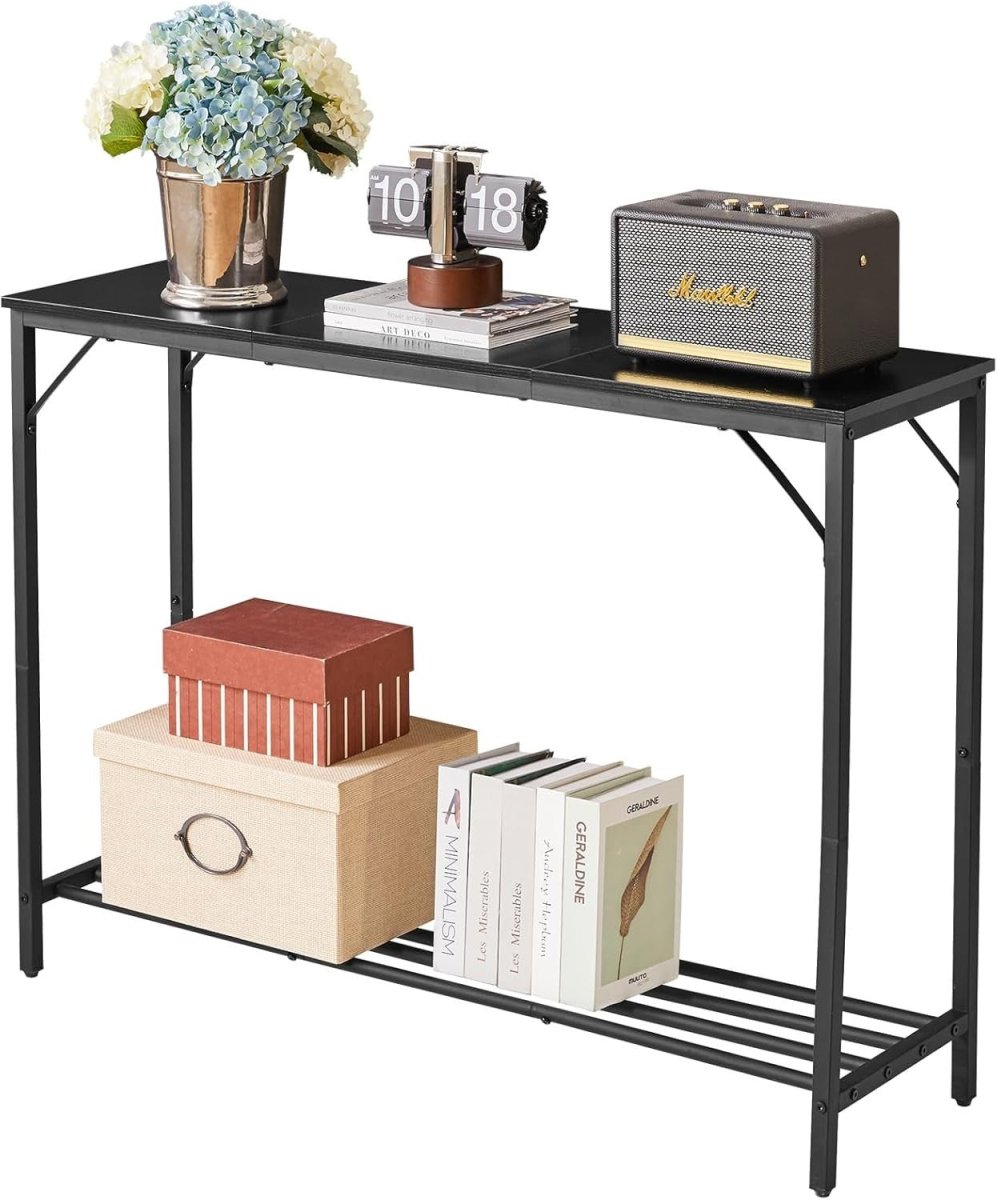 Slim Black Console Table 107cm Compact Metal Frame Sofa Hallway Table - Kwikley