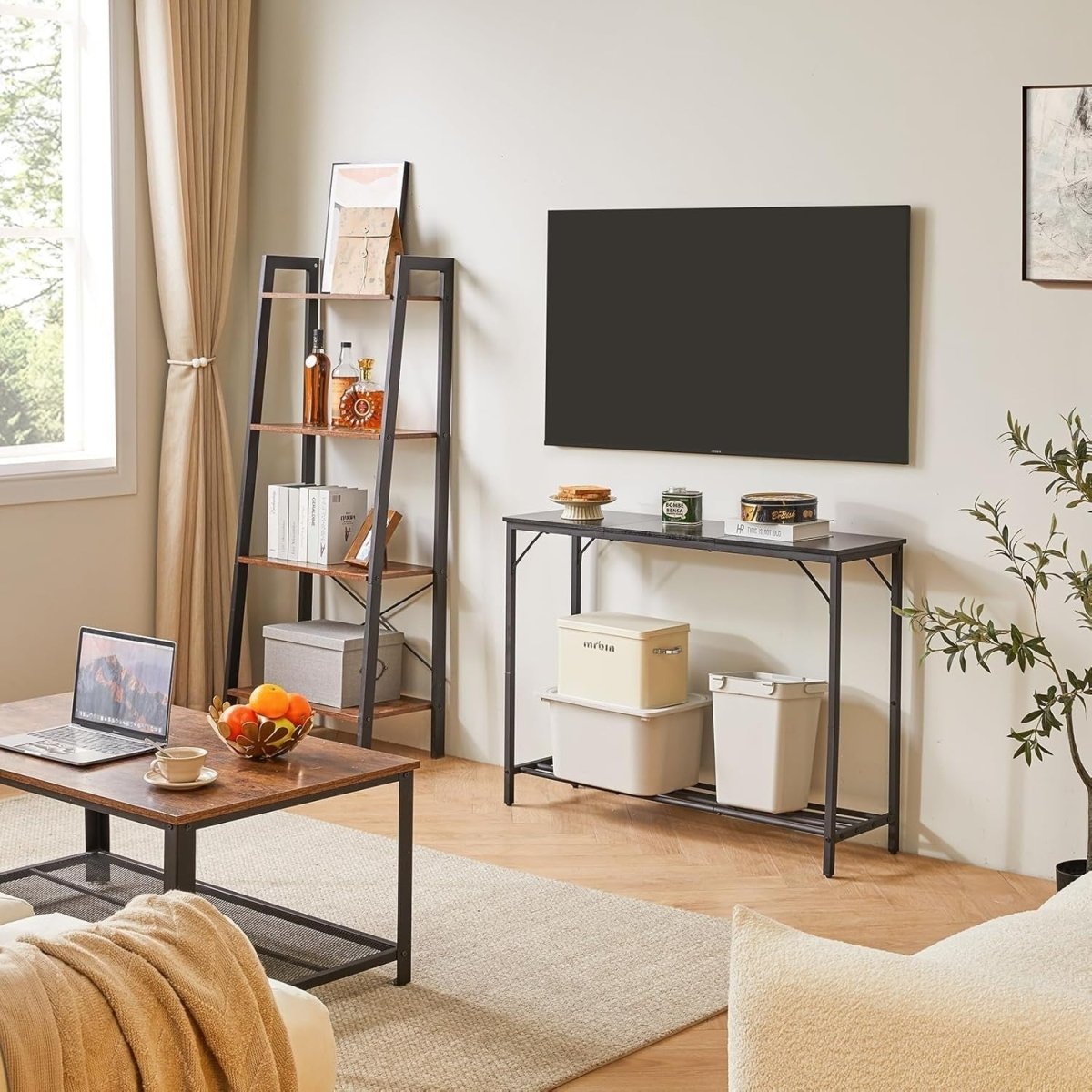 Slim Black Console Table 107cm Compact Metal Frame Sofa Hallway Table - Kwikley