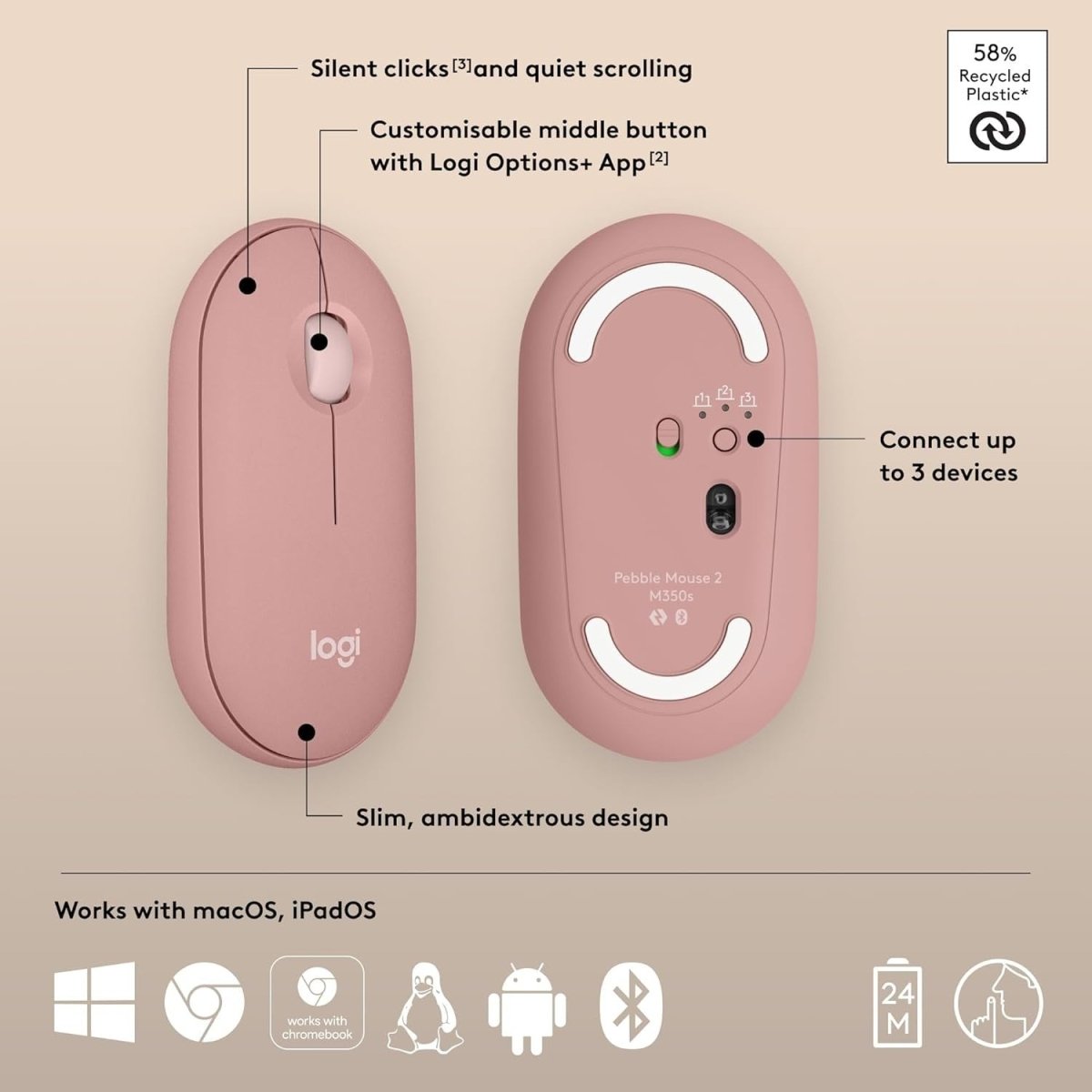 Slim Bluetooth Wireless Mouse Silent Portable Multi - Device Rose - Kwikley