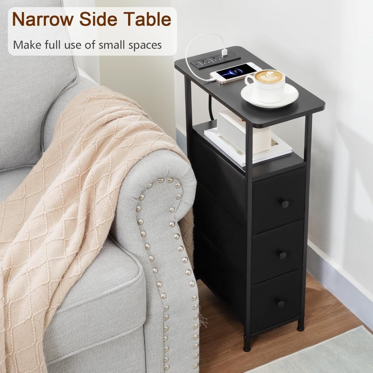 Slim Charging Bedside Tables Set of 2 with LED Shelf & Storage Drawers - Kwikley